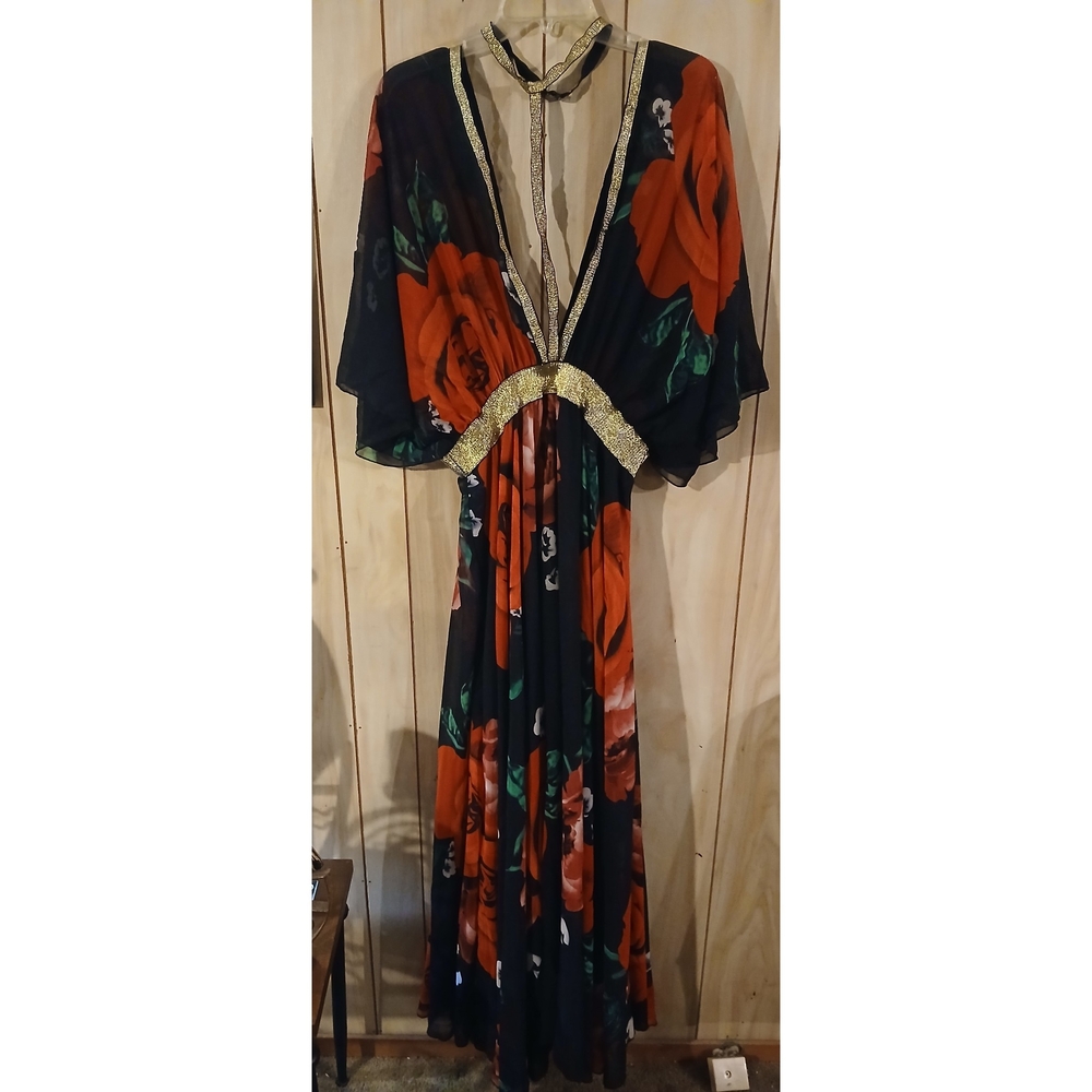 Black Red Floral Deep V-Neck Maxi Dress